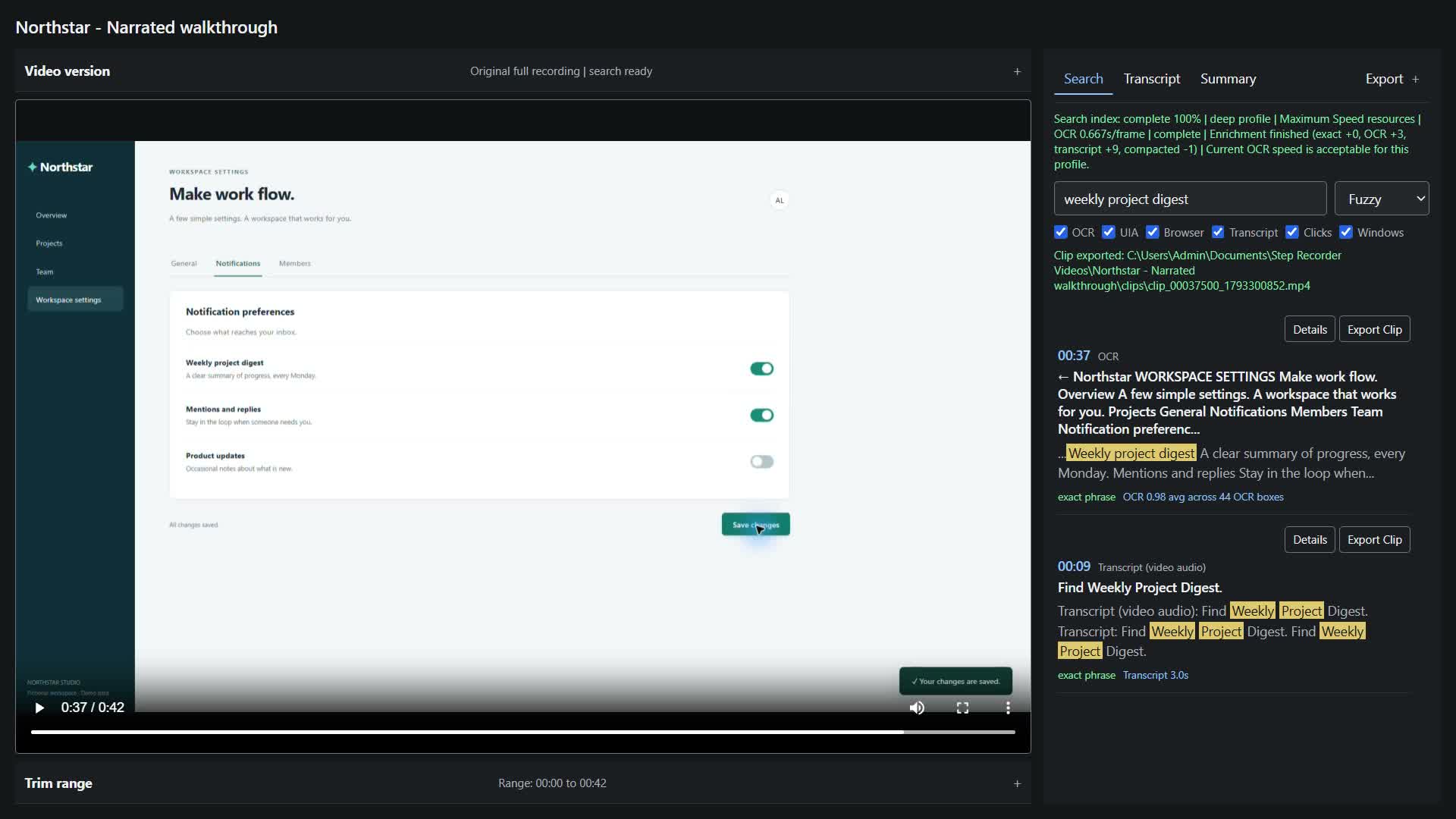 StepNDEX export clips and trim recordings interface