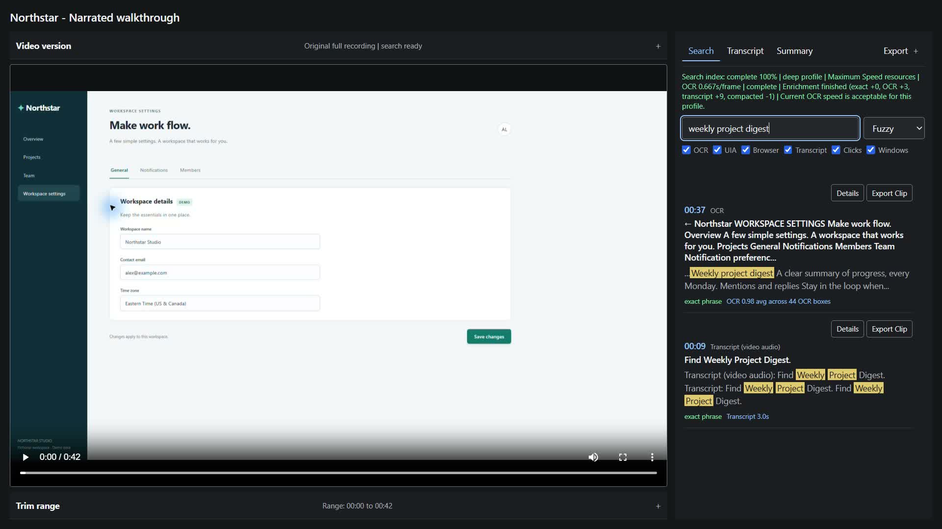 StepNDEX viewer showing a video and search matches for screen text and spoken words